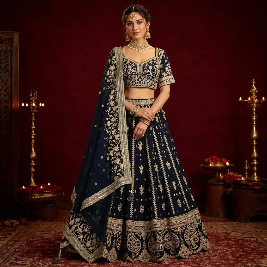Women's Navy Blue Embroidered Lehenga Choli with Dupatta