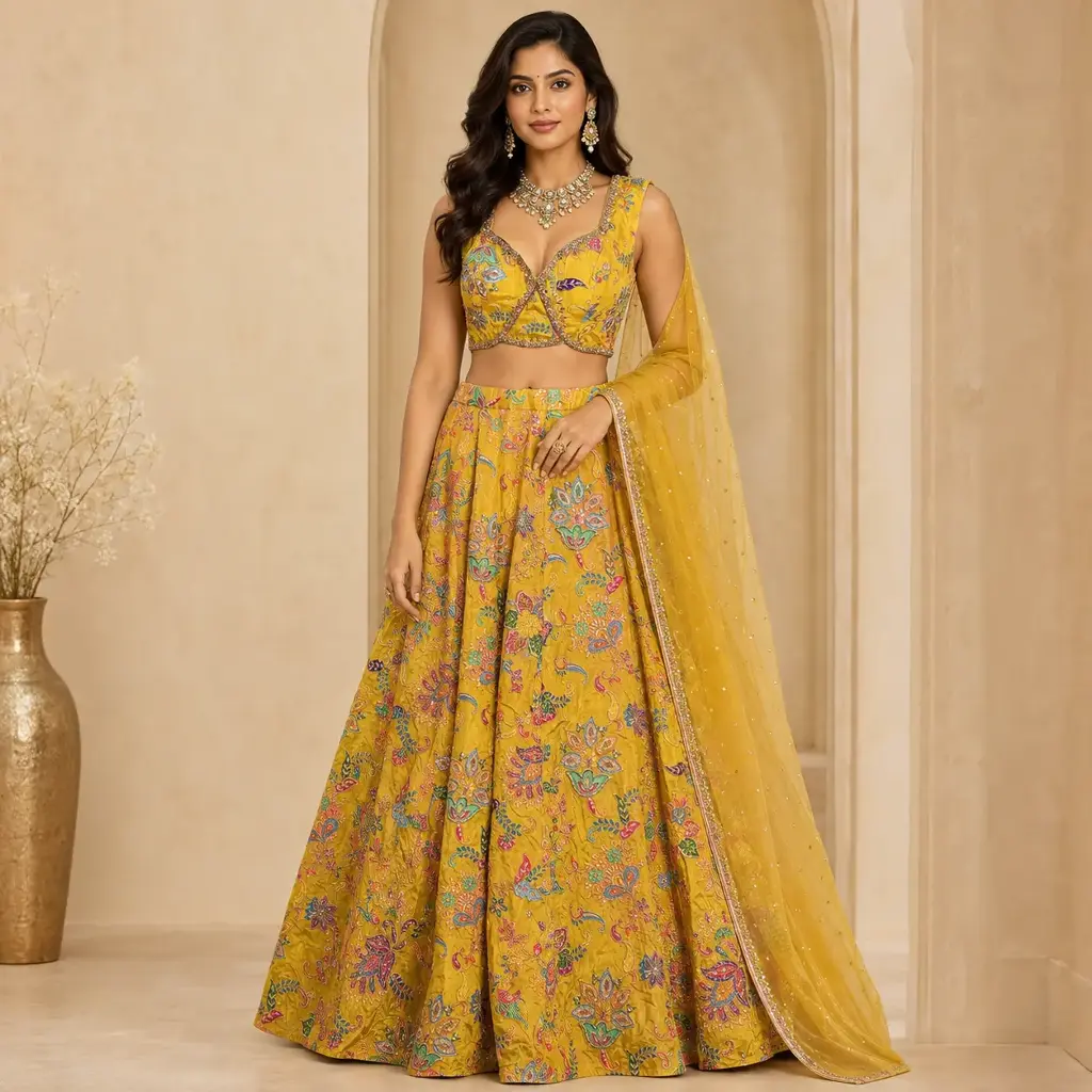 Women's Mustard Yellow Floral Embroidered Lehenga Choli with Dupatta