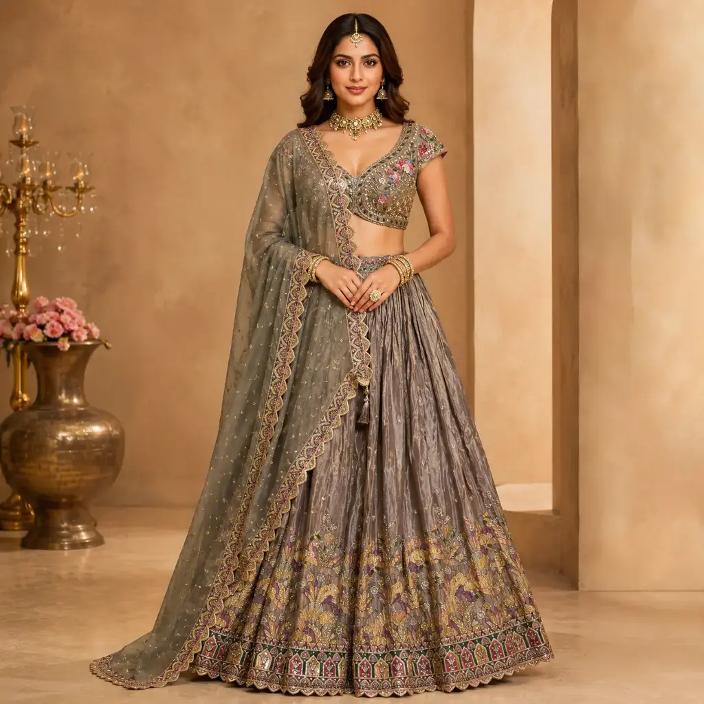 Women's Grey Embroidered Lehenga Choli with Floral Blouse and Dupatta