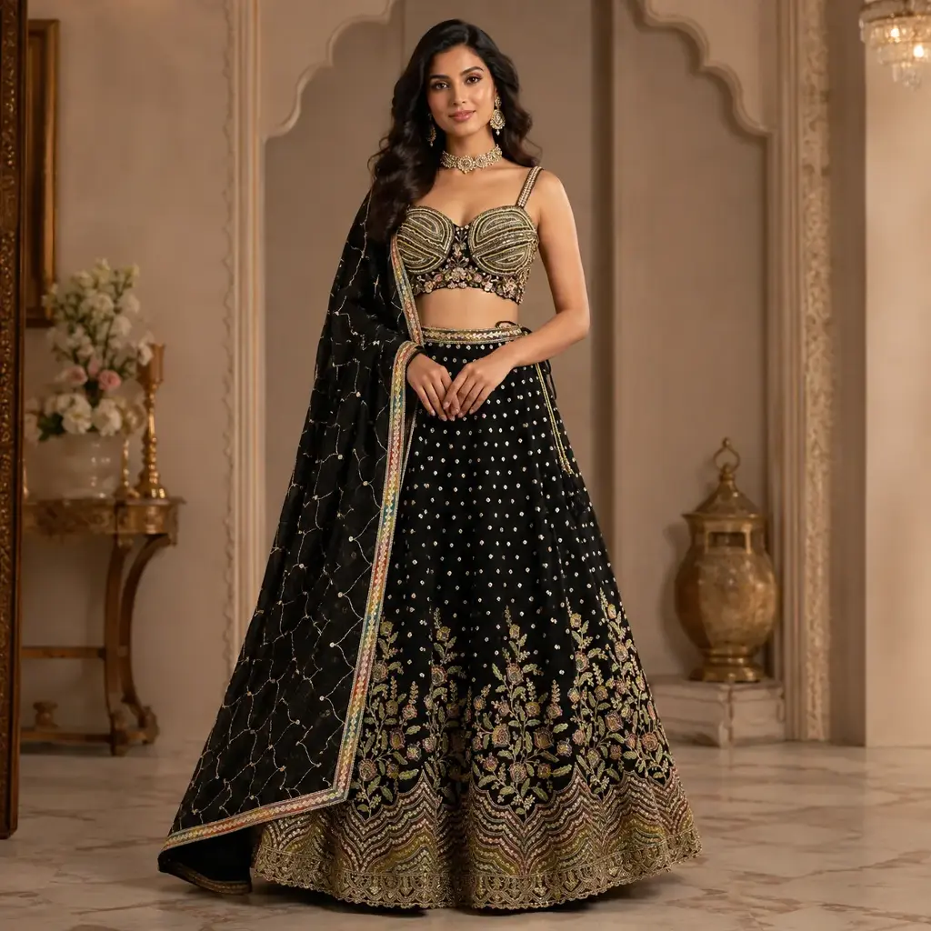 Women's Black Embroidered Lehenga Choli with Matching Dupatta