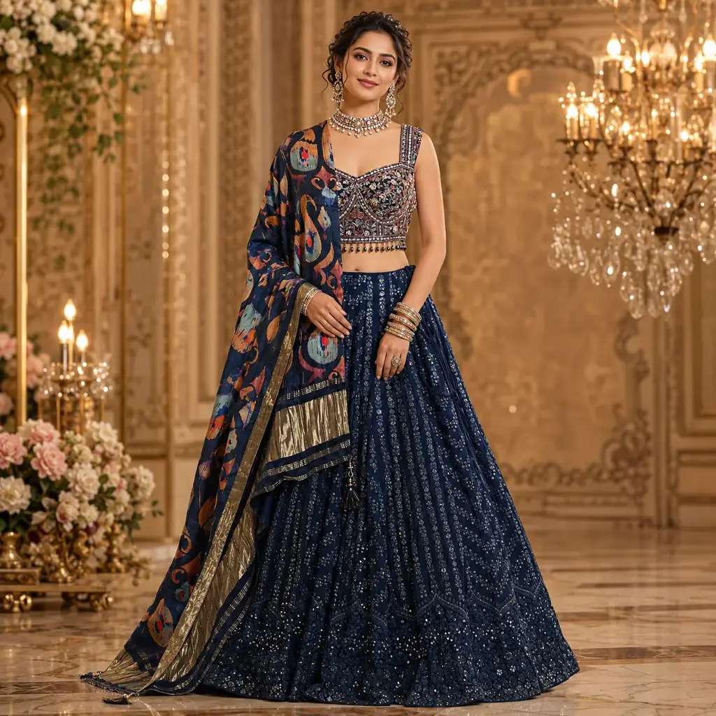 Women's Navy Blue Embroidered Lehenga Choli Set with Designer Blouse and Printed Dupatta