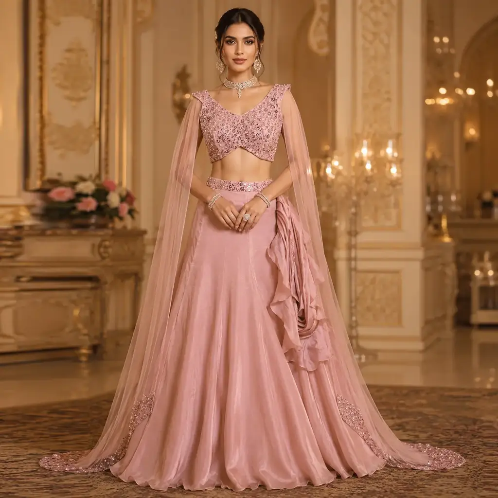Women's Blush Pink Lehenga Choli Set with Sequin Blouse, Cape Sleeves and Ruffle Draping