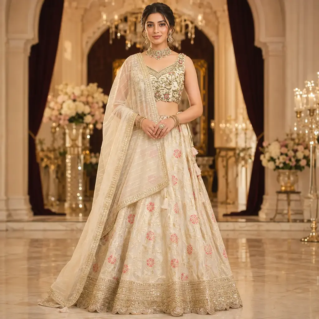 Women's Ivory Pastel Embroidered Lehenga Choli with Sleeveless Blouse & Net Dupatta