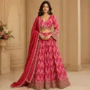 Women’s Pink Red Embroidered Lehenga Choli with Dupatta, Ikat Print, Full Sleeve Blouse