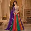 Women's Multicolor Embroidered Lehenga Choli with Purple Dupatta for Weddings and Festive Party Wear