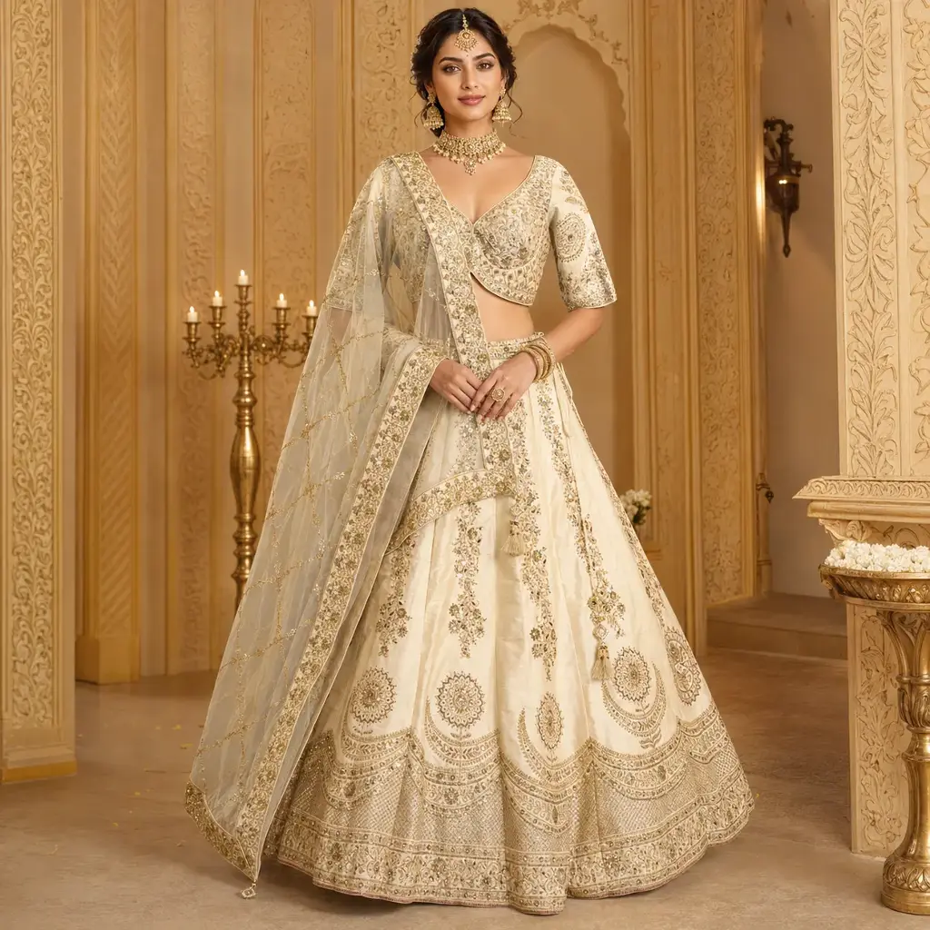 Women's Ivory Gold Embroidered Lehenga Choli Set with Designer Blouse and Dupatta