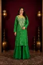 Women’s Green Embroidered Kurta with Palazzo Set, Yellow Gold Work Ethnic Outfit