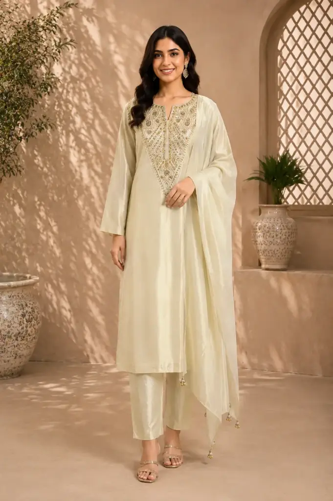 Women’s Cream Embroidered Kurta Pant Set with Dupatta, Elegant Zari n Sequin Work Ethnic Suit for Wedding
