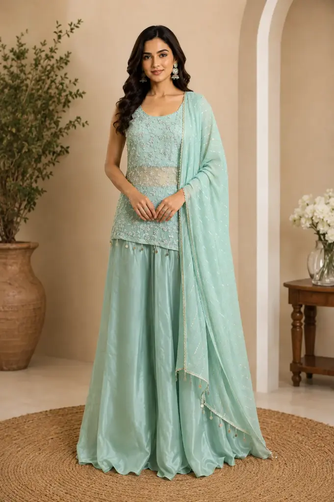 Pastel Green Embroidered Peplum Kurta with Palazzo Pants n Dupatta, Elegant Indo-Western Party Wear Set for Women
