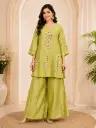 Elegant Pistachio Green Kurta Palazzo Set with Mirror Work, V-Neck Design n Flared Palazzo for Festive