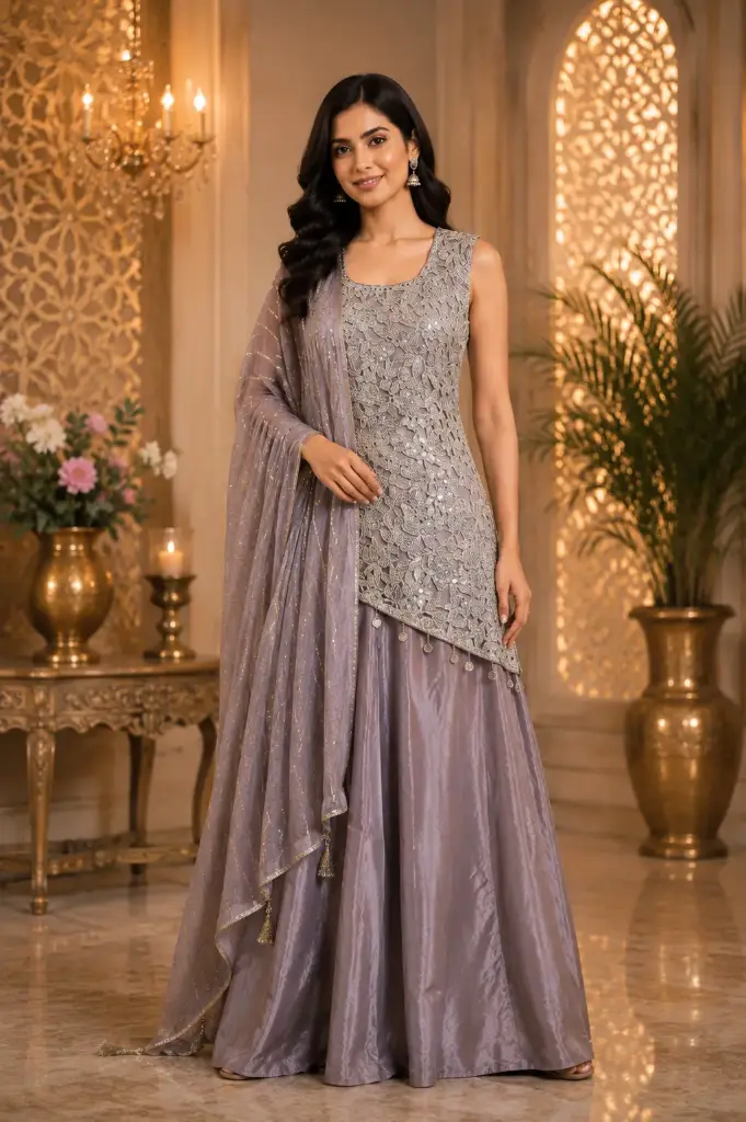 Women’s Mauve Embroidered Crop Top Palazzo Set with Sheer Dupatta, Floral Embellishments n Wide-Leg Bottom