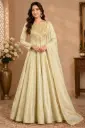 Women’s Ivory Gold Embroidered Long Gown with Sequin Work, Flared Silhouette n Sheer Dupatta