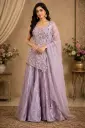 Lavender Indo-Western Palazzo Set with Floral Embroidered Top, Sheer Striped Dupatta n Elegant Detailing for Festive Party Wear