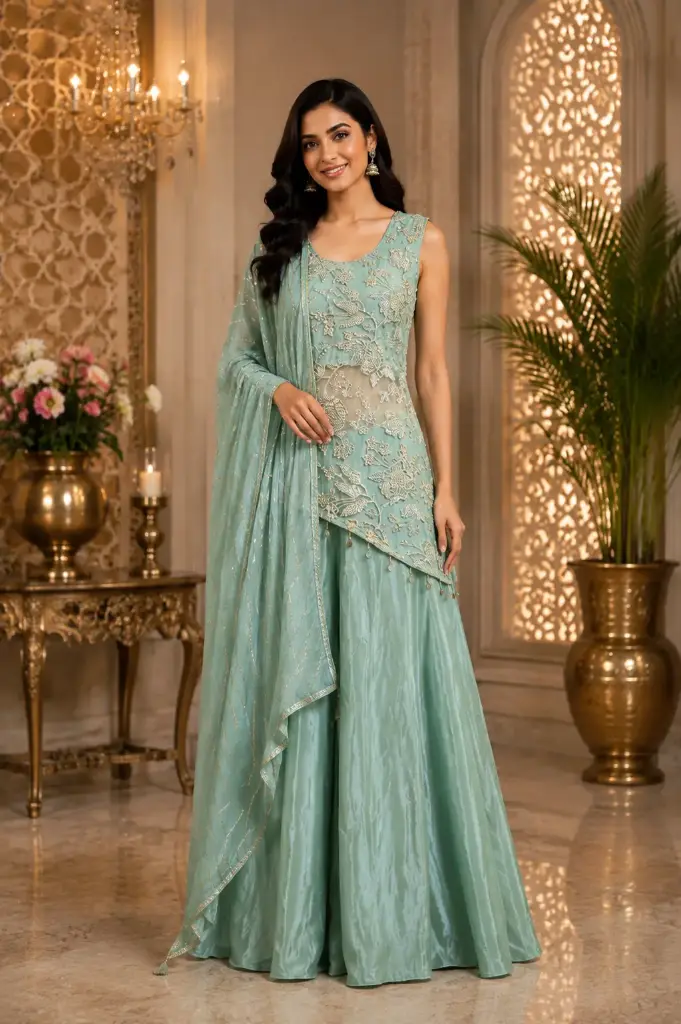 Women’s Mint Green Embroidered Indo-Western Crop Top Set with Wide-Leg Bottom n Sheer Dupatta
