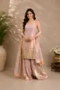Elegant Pink Indo-Western Outfit with Embroidered Long Top, Flared Bottom n Sheer Dupatta