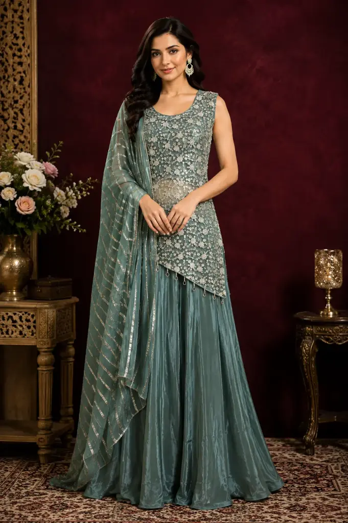 Sage Green Embroidered Kurta with Palazzo Pants n Striped Dupatta, Elegant Designer Indo-Western Party Wear Set for Women