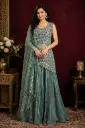 Sage Green Embroidered Kurta with Palazzo Pants n Striped Dupatta, Elegant Designer Indo-Western Party Wear Set for Women