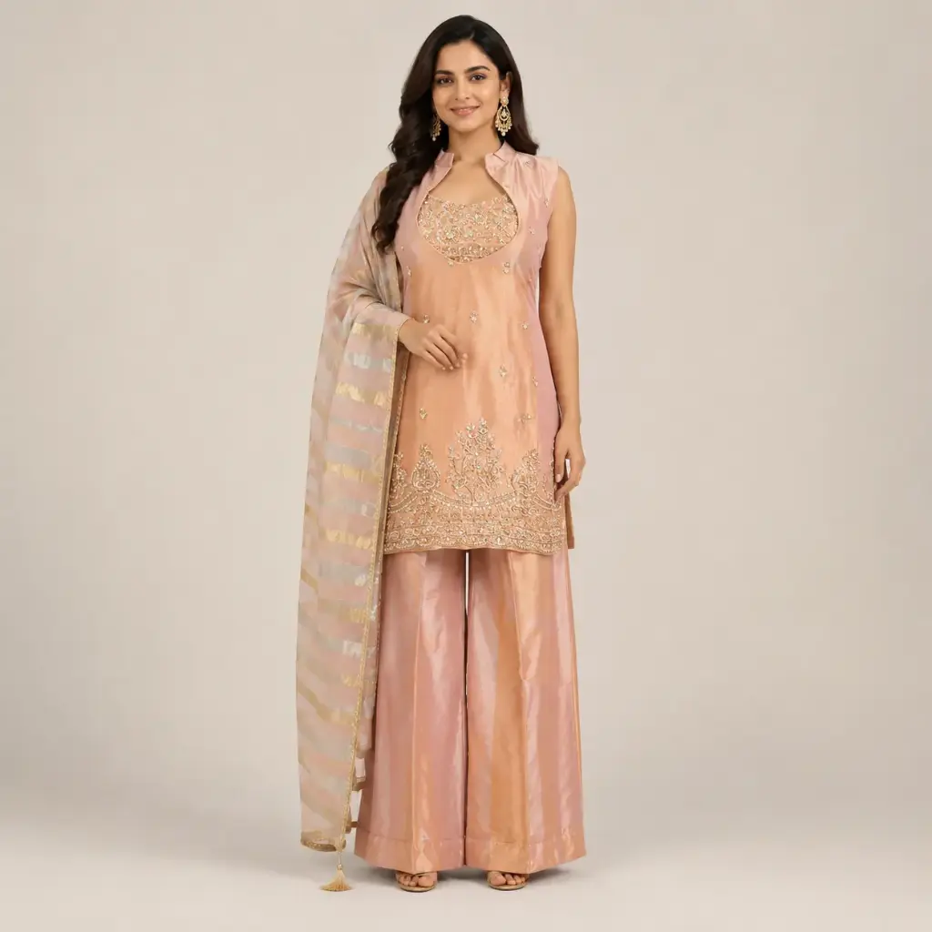 Peach Pink Embroidered Kurta Palazzo Set with Striped Organza Dupatta