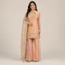 Peach Pink Embroidered Kurta Palazzo Set with Striped Organza Dupatta
