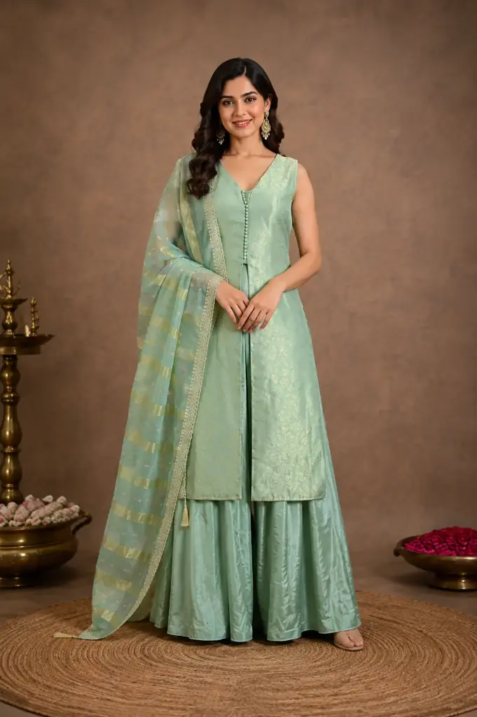 Women’s Mint Green Embroidered Crop Top Palazzo Set with Sheer Dupatta, Gold Border n Button Detailing
