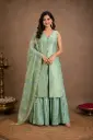 Women’s Mint Green Embroidered Crop Top Palazzo Set with Sheer Dupatta, Gold Border n Button Detailing