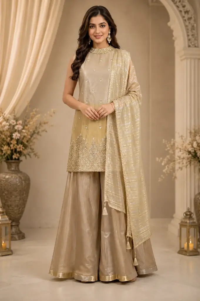 Elegant Golden Designer Anarkali Palazzo Suit Set with Embroidered Kurta, Flared Palazzo Pants n Striped Dupatta for Festive Wear 