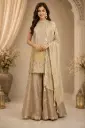 Elegant Golden Designer Anarkali Palazzo Suit Set with Embroidered Kurta, Flared Palazzo Pants n Striped Dupatta for Festive Wear 