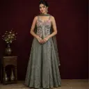 Women’s Grey Embroidered Crop Top with Flared Palazzo n Dupatta, Designer Ethnic Set for Wedding