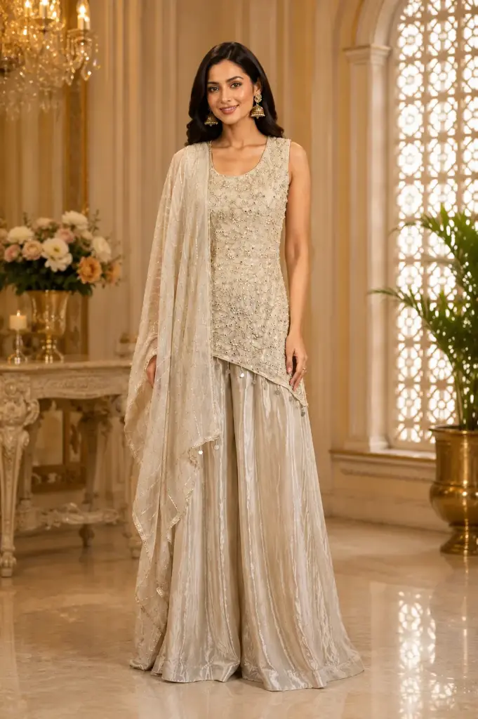 Women’s Cream Embroidered Indo-Western Top Set with Wide-Leg Bottom n Sheer Dupatta