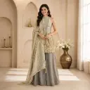 Elegant Grey n Gold Ethnic Palazzo Suit Set for Women with Embroidered Halter Neck Top,Matching Palazzo Pants n Designer Dupatta