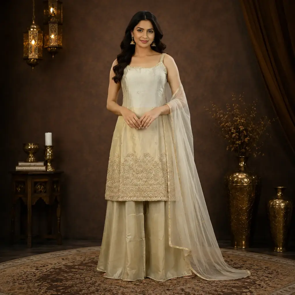Elegant Gold Indo-Western Outfit with Embroidered Long Top, Palazzo Bottom n Sheer Dupatta