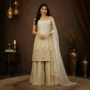Elegant Gold Indo-Western Outfit with Embroidered Long Top, Palazzo Bottom n Sheer Dupatta