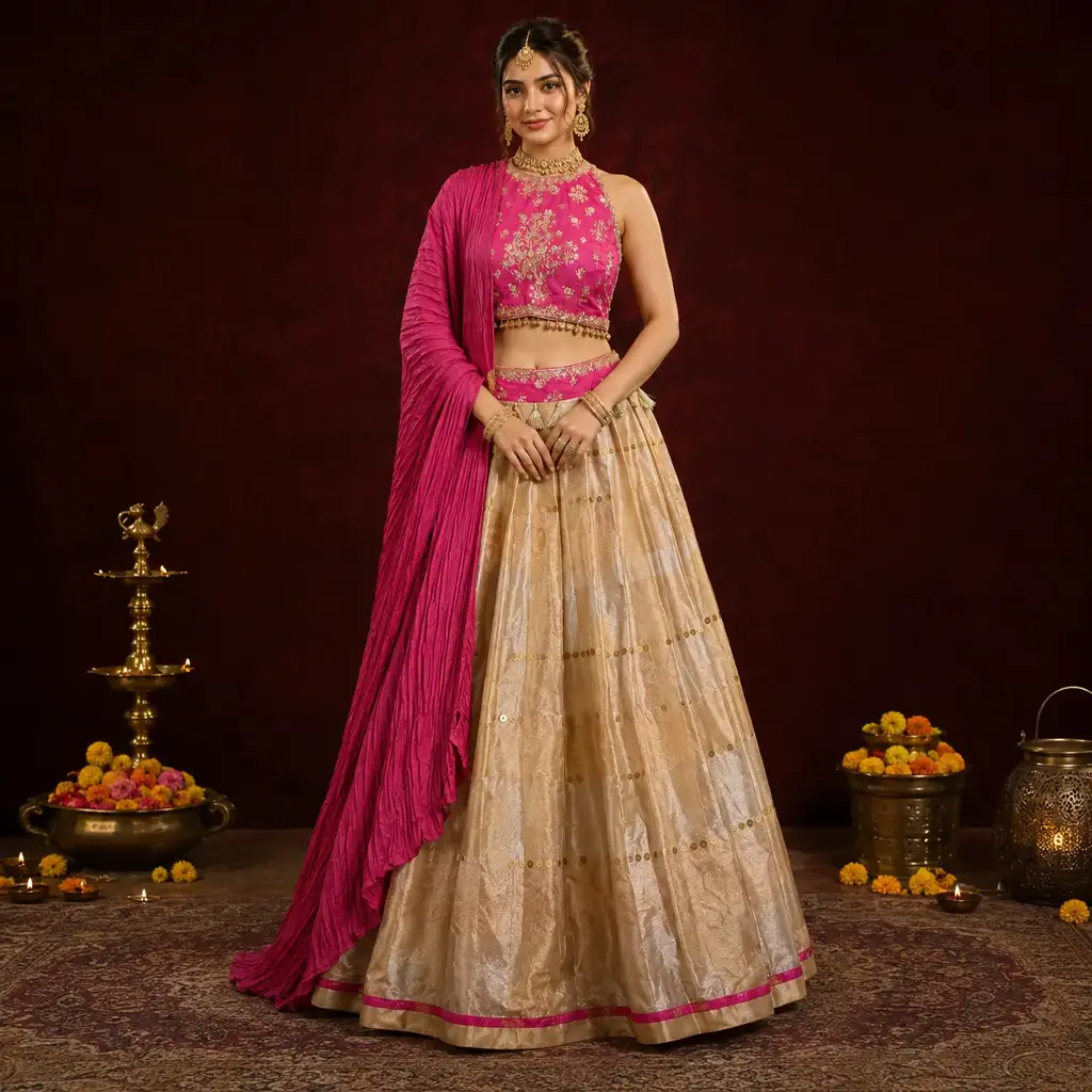 Women's Pink Embroidered Blouse with Gold Checked Lehenga and Crushed Dupatta