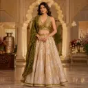 Women's Olive Green Embellished Lehenga Choli with Cream Flared Skirt and Dupatta for Festive Wear