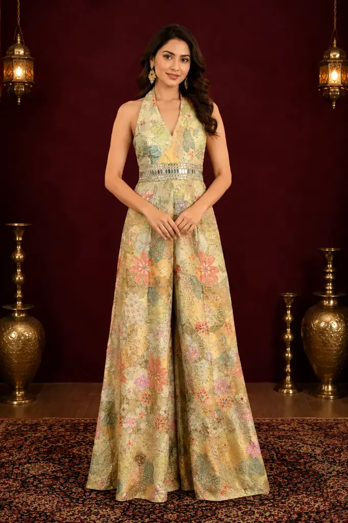 Women’s Golden Floral Embroidered Long Gown with Halter Neck, Mirror Work and Flared Silhouette