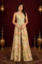 Women’s Golden Floral Embroidered Long Gown with Halter Neck, Mirror Work and Flared Silhouette