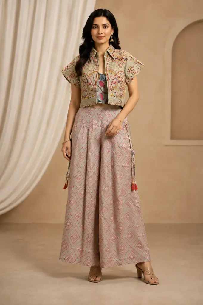 Women’s Embroidered Jacket Palazzo Set with Printed Inner Top, Floral Embellished Crop Jacket n Wide-Leg Palazzo