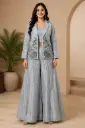Women’s Silver Embroidered Jacket Palazzo Set with Crop Top, Floral Embellished Blazer Jacket n Wide-Leg Palazzo