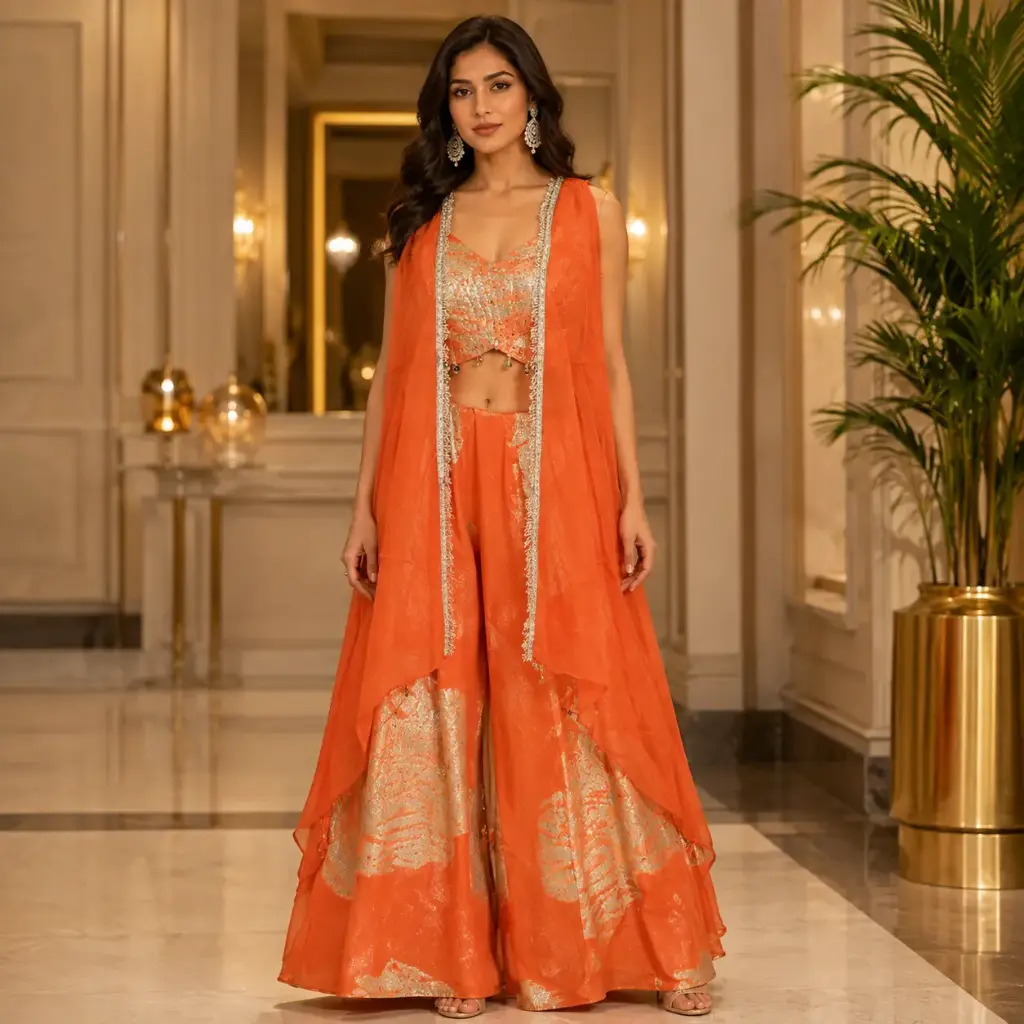 Orange Embroidered Crop Top Palazzo Set for Women with Sheer Shrug