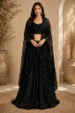 Black Indo-Western Sequin Crop Top with Long Cape and Flared Palazzo Set, Glamorous Party n Evening Wear for Women