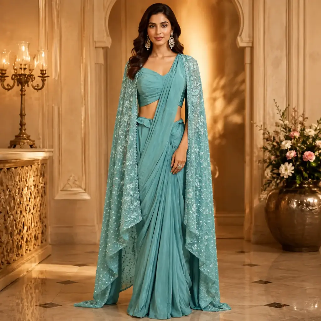 Sea Green Designer Saree with Embroidered Shrug n Draped Crop Top