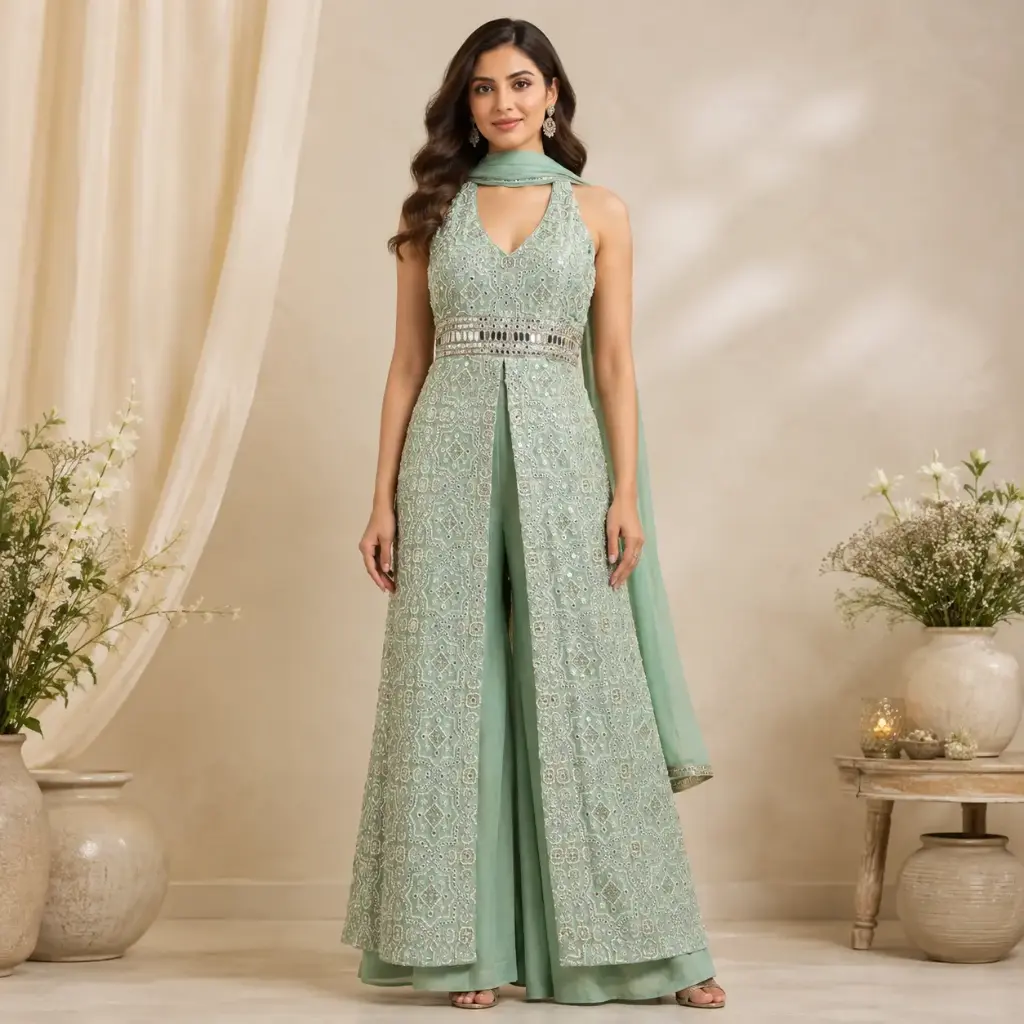 Women’s Sea Green Embroidered Indo-Western Backless Top with Flared Palazzo and Dupatta Set