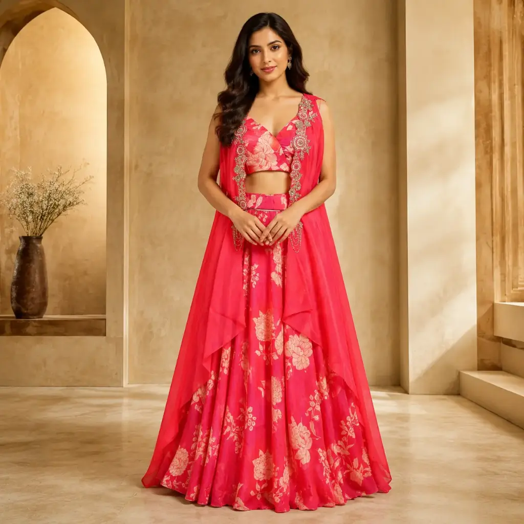 Pink Floral Embroidered Crop Top Lehenga Set with Sheer Cape Dupatta