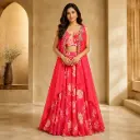 Pink Floral Embroidered Crop Top Lehenga Set with Sheer Cape Dupatta