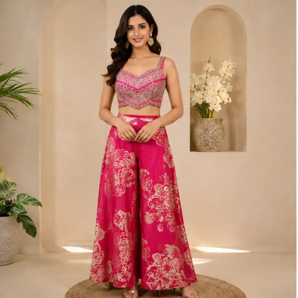 Women’s Pink Embroidered Crop Top with Flared Palazzo, Designer Ethnic Set for Wedding, Festive, Sangeet, Party n Celebration Wear
