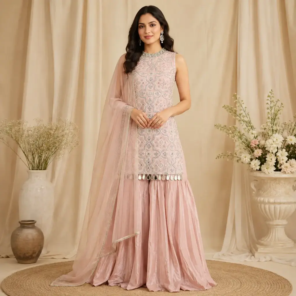 Women’s Blush Pink Embroidered Indo-Western Sleeveless Top with Flared Palazzo and Dupatta Set