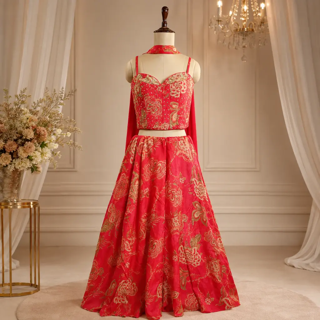Red Embroidered Palazzo Set with Designer Crop Top 