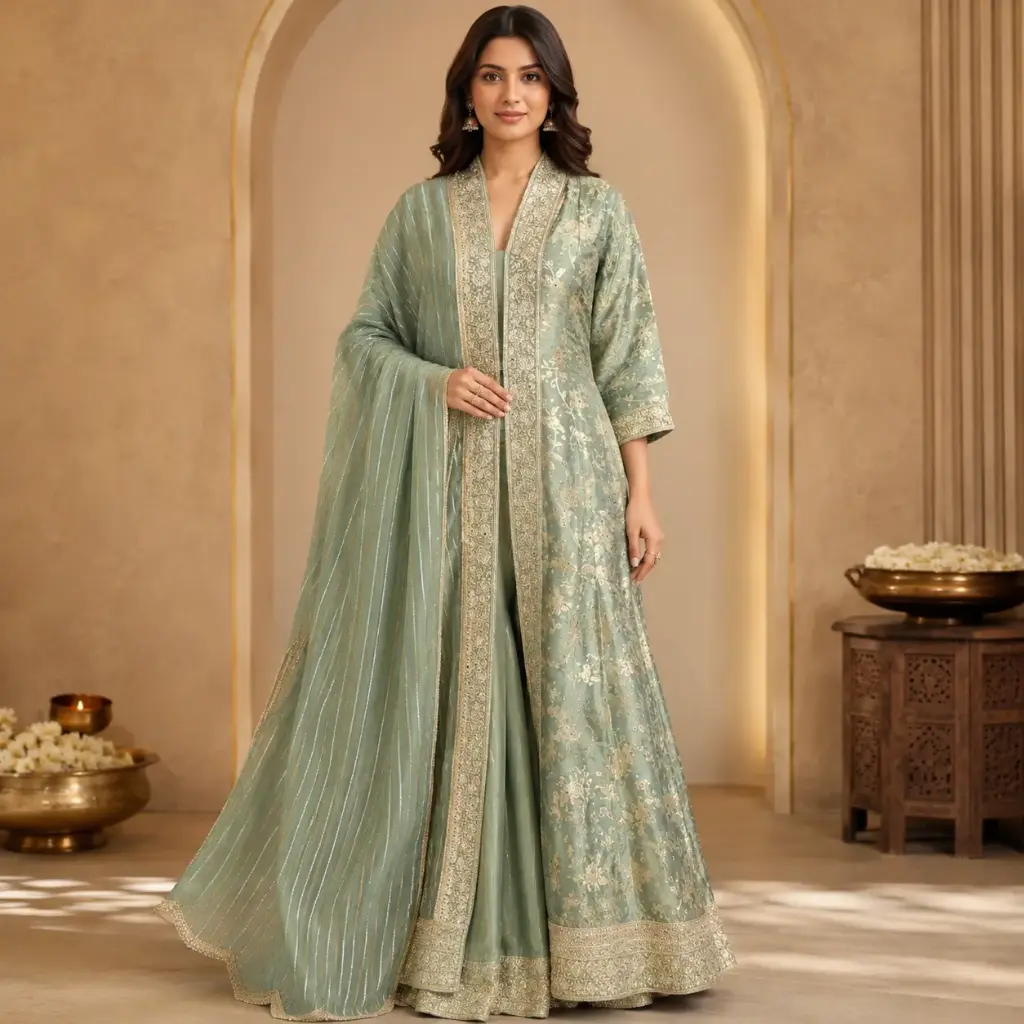 Sage Green Embroidered Long Kurti with Gold Border,Designer Indo-Western Ethnic Wear for Women