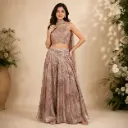 Pastel Pink Floral Embroidered Crop Top Palazzo Set with Sheer Dupatta