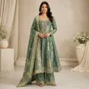 Women’s Sage Green Embroidered Anarkali Kurta with Wide-Leg Palazzo and Dupatta Set for Wedding